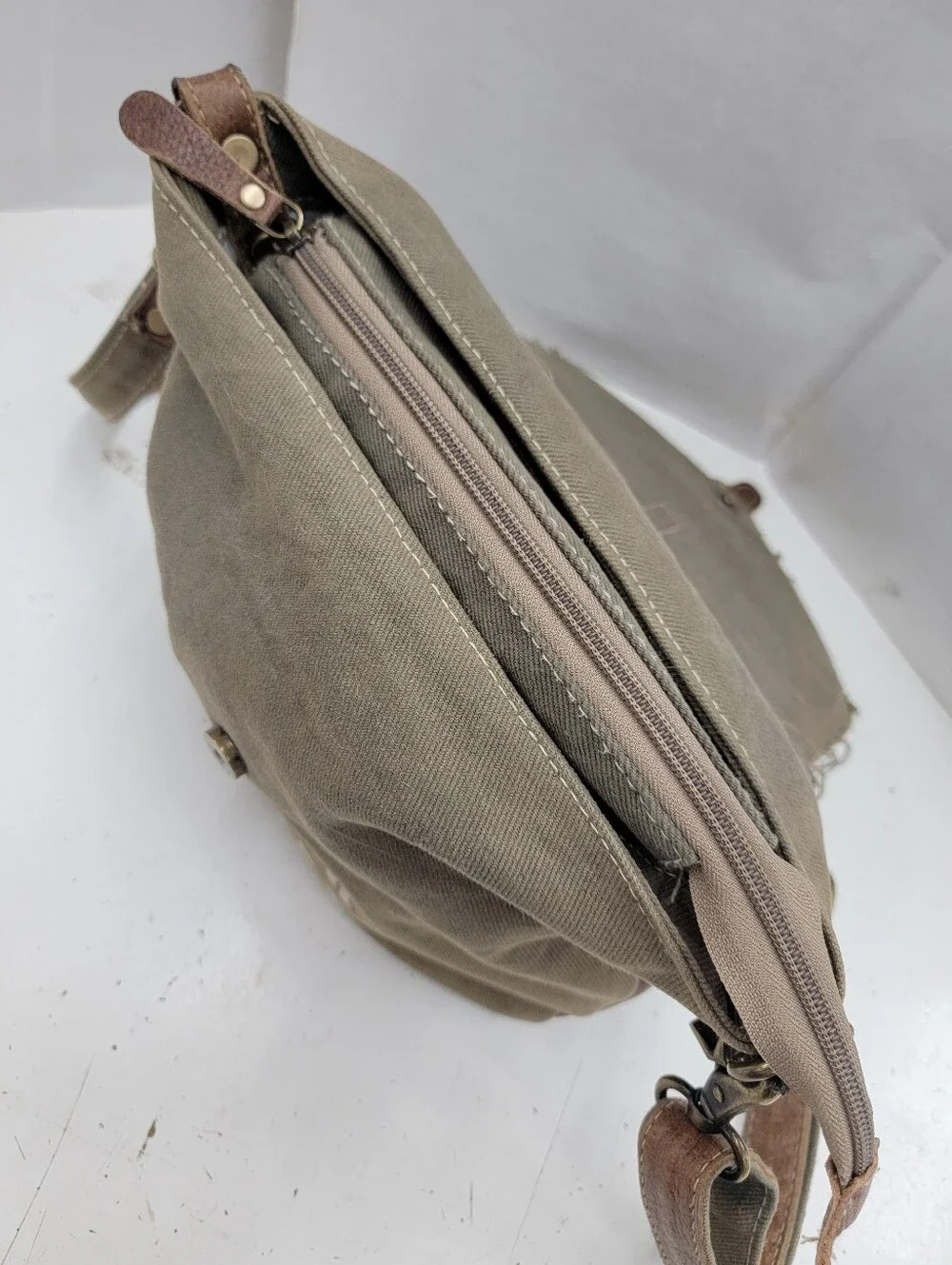 Myra Bag Canvas & Leather Hide Crossbody Bag Upcycled Military Canvas